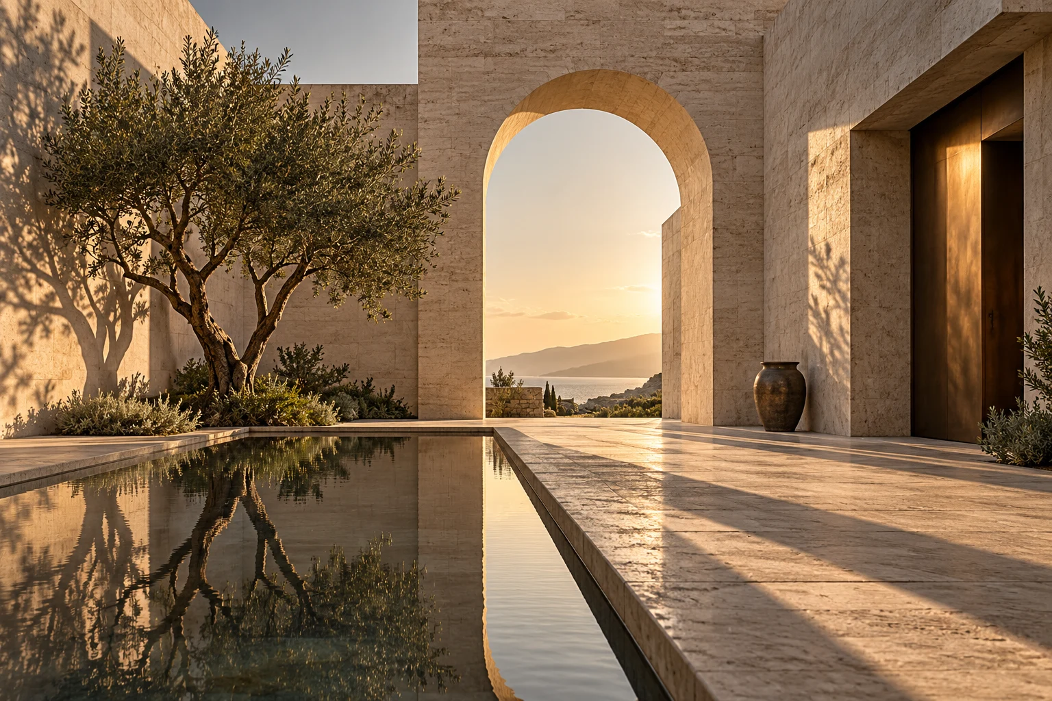 Architectural visualisation of a warm, modern courtyard residence framed by natural materials